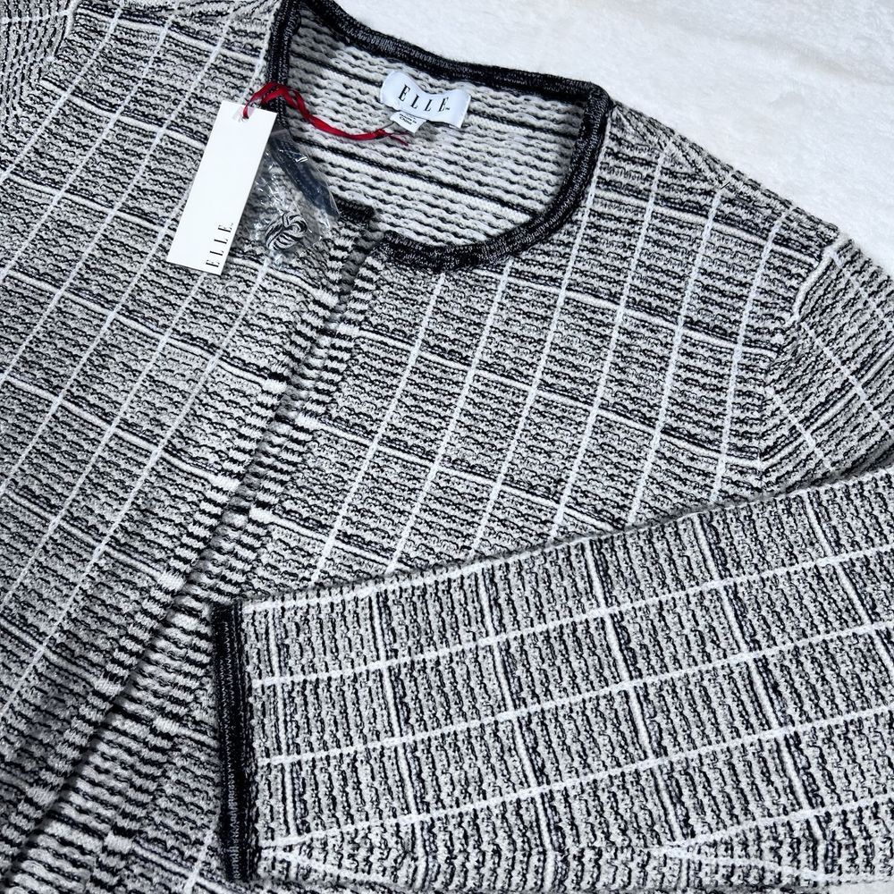 Women's Elle Sweater Jacket XXL Cozy White Black Academia Quiet Luxury Tweed